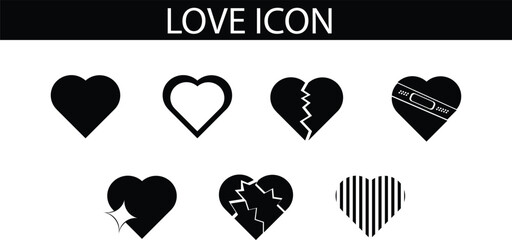  A collection of eight black and white heart icons with various designs, including solid, outlined, broken, bandaged, sparkling, shattered, striped, and zipped.