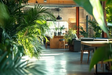 Indoor cafe with plants, tables, chairs, bar and barstool. Perfect background to illustrate green businesses and eco-friendly spaces.