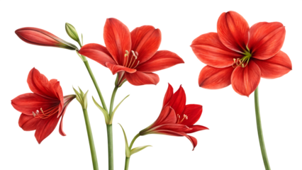 set of red hibiscus flowers isolated on white background, PNG.