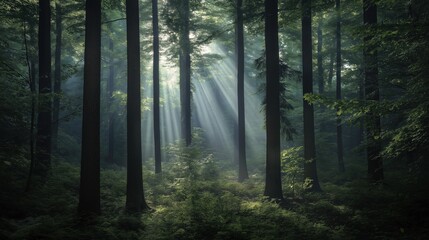 Obraz premium A misty forest scene with sunlight beams piercing through the canopy, illuminating tall, slender tree trunks against a backdrop of lush greenery