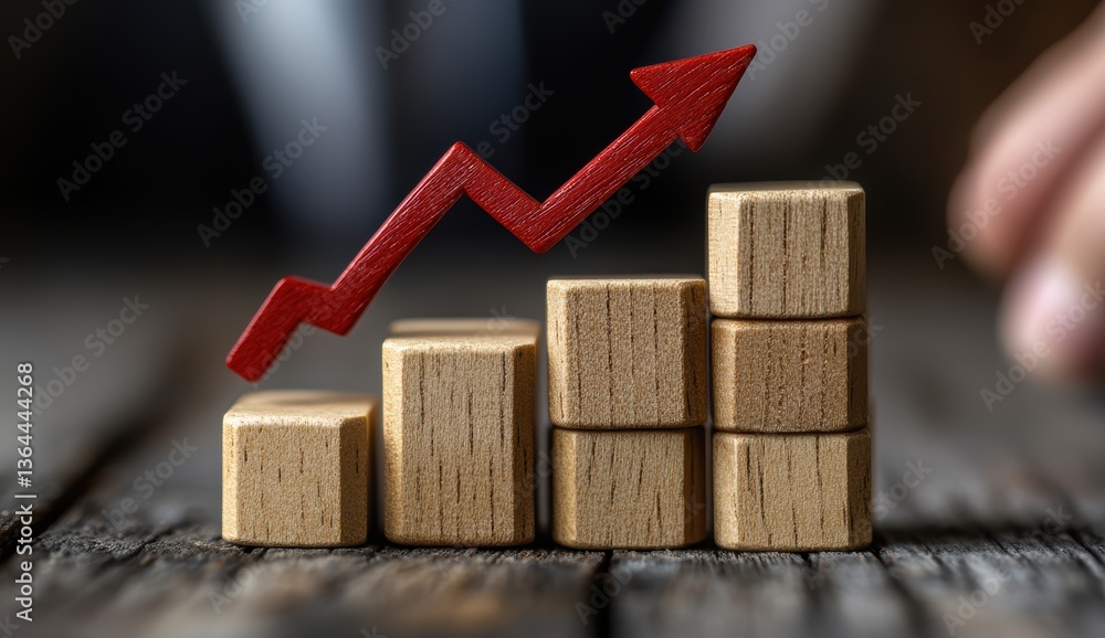 Poster close-up of wooden blocks with upward red arrow representing business growth on rustic table surface