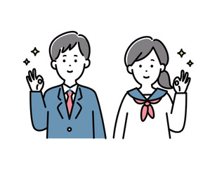 Fototapeta premium 笑顔でグッドサインする男性と女性の学生のベクターイラスト