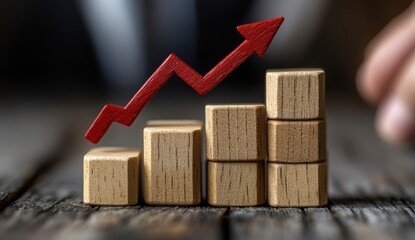 Close-Up of Wooden Blocks with Upward Red Arrow Representing Business Growth on Rustic Table Surface