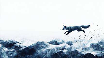 Arctic Fox Leaping with Snowy Mountains, and Winter.