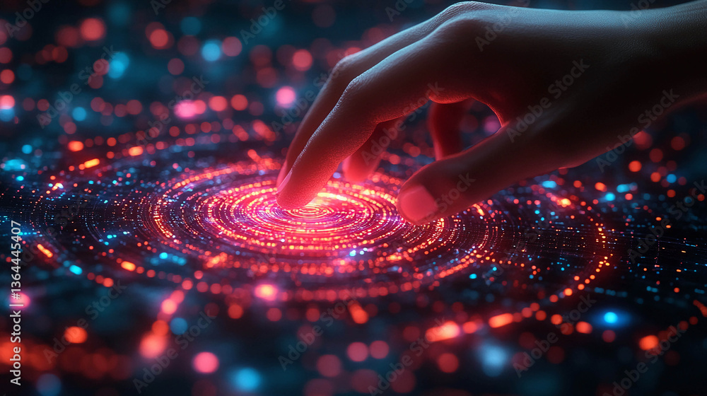 Poster a hand touching an electronic board or a high-tech touchpad. the surface is illuminated with red and