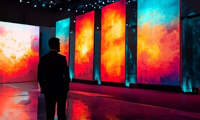 Vibrant Corporate Event with Glowing Banners Celebrating Top Performers and Incentive Program Announcement