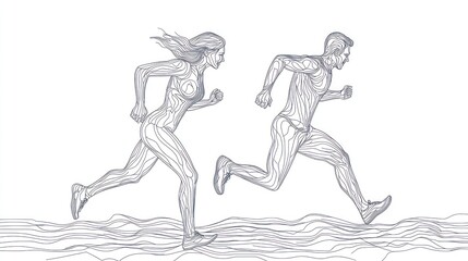 Fototapeta premium Abstract line art illustration of a woman and man running.