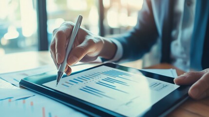 Naklejka premium A person using a smart pen to take notes on a digital pad, office setting with pen transferring written data to the screen, High-tech style