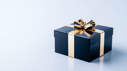 Fototapeta premium Dark blue gift box with gold ribbon and bow. The box stands on a smooth, slightly reflective light blue surface.