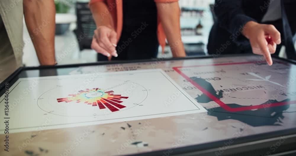 Poster hands, people and screen with map in office of global selection, location target and turbine project