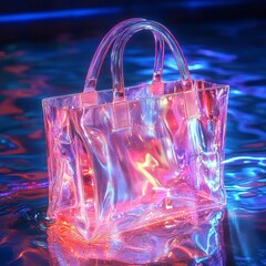 Iridescent Clear Plastic Bag with Holographic Effects on a Wavy Liquid Surface Abstract Background and Vibrant Color Gradient