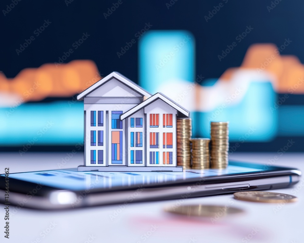 Poster personal finance investment optimization concept. digital house model on smartphone with coins and g