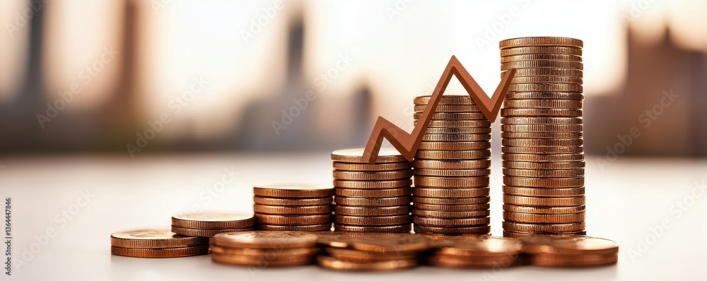 Poster personal finance investment optimization concept. stacks of coins with a rising graph in the backgro