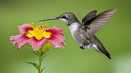 Fototapeta premium Hummingbird feeding on a pink flower.