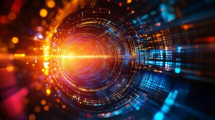 Fototapeta premium Abstract Technology Tunnel With Glowing Dots in Blue and Orange Colors Digital Futuristic Network Connection and Energy Light