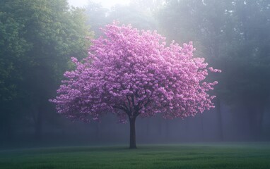A Serene Landscape Featuring a Stunning Pink and Purple Tree in Full Bloom