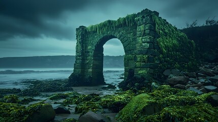 59. A mysterious sea gate covered in bioluminescent moss, appearing to be a portal