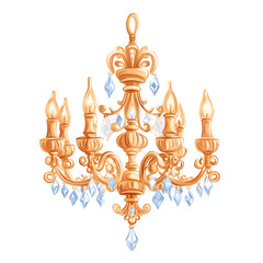 Hanging Golden Chandelier with Crystal Gems Illustration on White and Transparent Background, Luxury and High End Lifestyle Concept