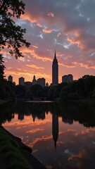 Fototapeta premium Stunning Central Park Dawn in USA New York with vibrant sky reflecting on calm lake, lush greenery surrounding. Concept of serenity and landscape at Central Park Dawn in USA New York.