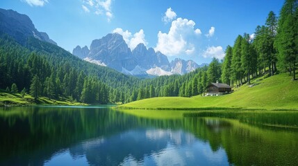 Serene Dolomites Lake View: Reflecting Mountains and Clear Blue Sky