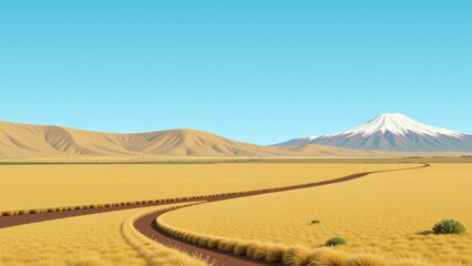 Chilean Coastal Plains feature vast golden wheat field with winding path. Concept of tranquil beauty captures essence of Chilean Coastal Plains landscape.
