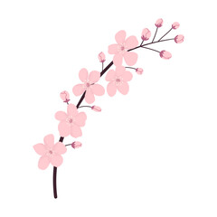 Cut out curly twig with sakura flowers, buds. Noise texture effect. Hand drawn flat vector illustration. Ideal for logos, branding and other design.