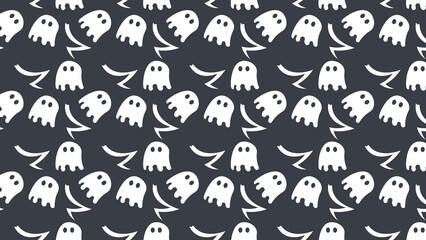 Fun and spooky seamless pattern featuring white ghosts on a dark-gray background. Ideal for Halloween-themed designs, party decorations, or festive projects involving eerie and supernatural motifs.