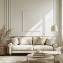 Bright Beige Living Room with Sofa and Decorative Elements Under Sunlight Through Window Minimalist Clean Interior Design