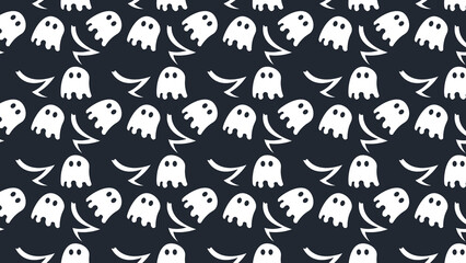 A repeating pattern of white ghosts with various expressions on a dark background, creating a lighthearted Halloween theme perfect for festive decorations, fun wallpapers, or seasonal graphics.