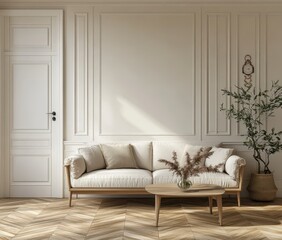 Bright Living Room Interior with White Walls Beige Sofa Wooden Table and Wicker Accents in a Classic Cozy Home Design
