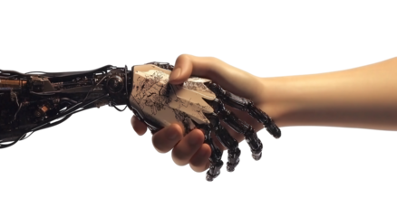 robot hand and human arm shaking hands, isolated on a white background