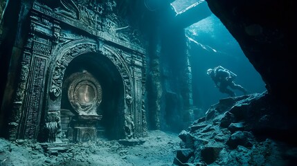 79. A deep-sea explorer discovering an ancient underwater throne, still intact