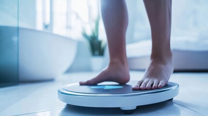 Fototapeta premium A person using a smart scale to monitor body composition, modern bathroom with digital health tools and real-time weight and body metrics, High-tech style