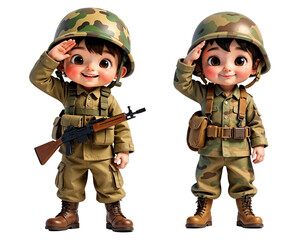 Playful 3D Child in Camouflage with Salute Pose on Transparent Background