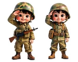 Playful 3D Child in Camouflage with Salute Pose on Transparent Background