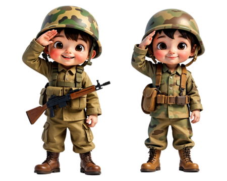 Playful 3D Child in Camouflage with Salute Pose on Transparent Background