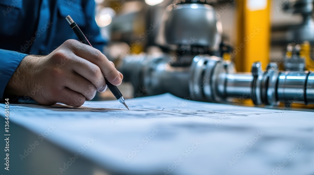 Poster a worker in blue draws mechanical blueprints with technical pen in factory. ideal for illustrating e