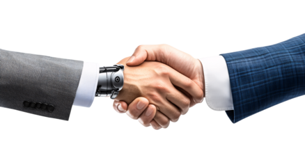 robot hand and human arm shaking hands, isolated on a white background