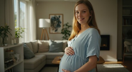 A pregnant woman stands in a living room, holding her belly, smiling