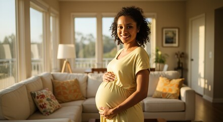 A pregnant woman smiles while standing in a living room