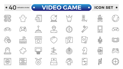Set of line icons related to video games, gaming, technology, gadget, esport. Editable stroke outline icon.
