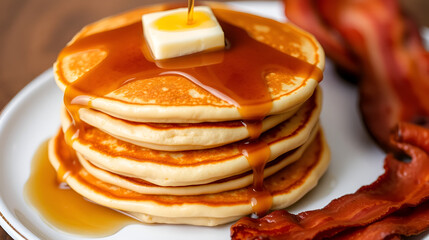 A stack of fluffy pancakes topped with butter and drizzled with maple syrup, alongside a side of bacon.