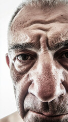 Senior male boxer intense close wide angle face expression white background muscular aging man bald head furrowed brow gritty strong character dramatic perspective photo bold raw real look eye skin