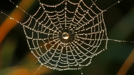 Dew-covered spiderweb with central water droplet reflecting sunlight.