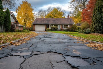 Cracked asphalt street leads to a brick house in autumn, fallen leaves abound. Depicts infrastructure issues, home ownership, and seasonal transitions.