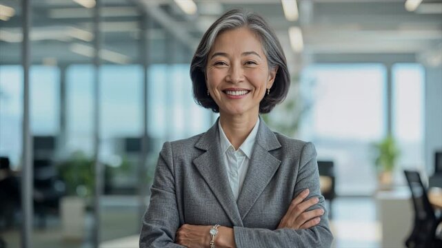 A confident old woman smiling with crossed arms in a professional office environment, success and institutionalization. 