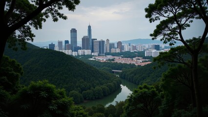 Fototapeta premium Cityscape & Forests in Malaysia Kuala Lumpur showcases vibrant skyline, lush green valleys, river winding below. Concept of serenity in Cityscape & Forests in Malaysia Kuala Lumpur landscape.