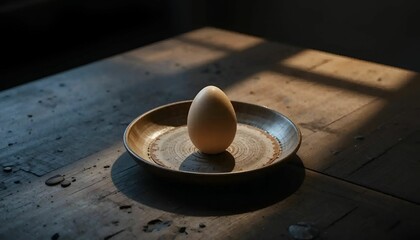 One egg on a rustic ceramic plate in the center of a dark wood table.
