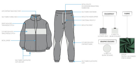 Men's Activewear High Neck Jacket and Jogger Sports Tracksuit Technical Flat Sketch with Tech Pack