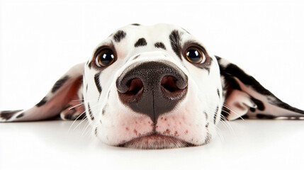 Dalmatian puppy wide angle exaggerated close face nose view white background cute expression spotted fur black white dog looking up comical perspective floppy ears puppy portrait gaze vet stare tiny
